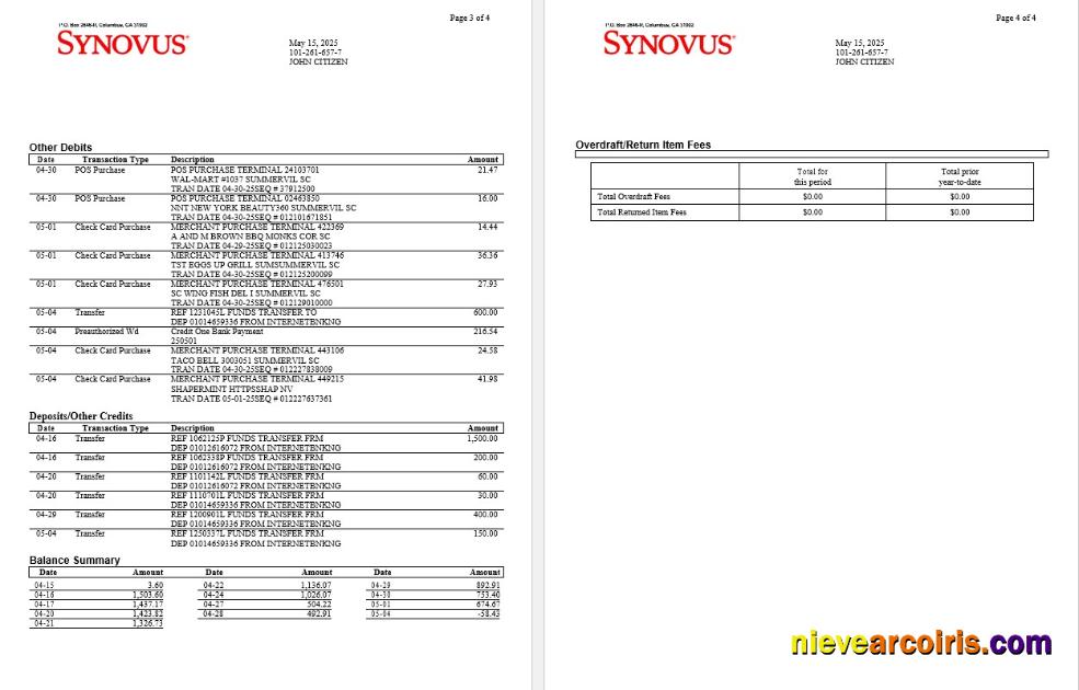 USA Synovus Bank statement Word and PDF, 4 pages 2